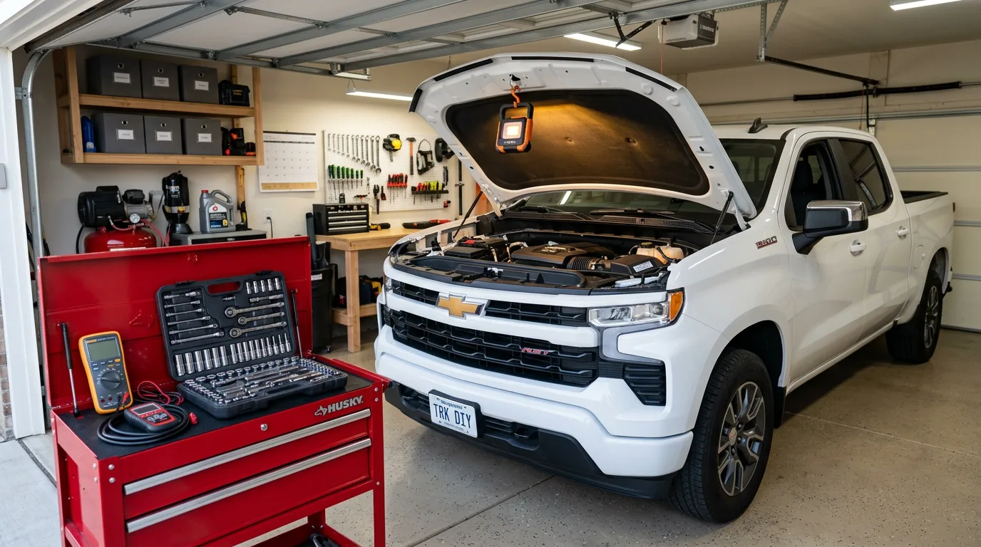 A Chevrolet Silverado parked in a garage with the hood open, prepared for a DIY heater diagnostic check.
