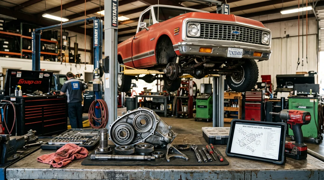 A clean Chevy transfer case on a garage workbench with a Chevrolet truck on a lift in the background, representing a Chevy transfer case interchange chart and swap project.