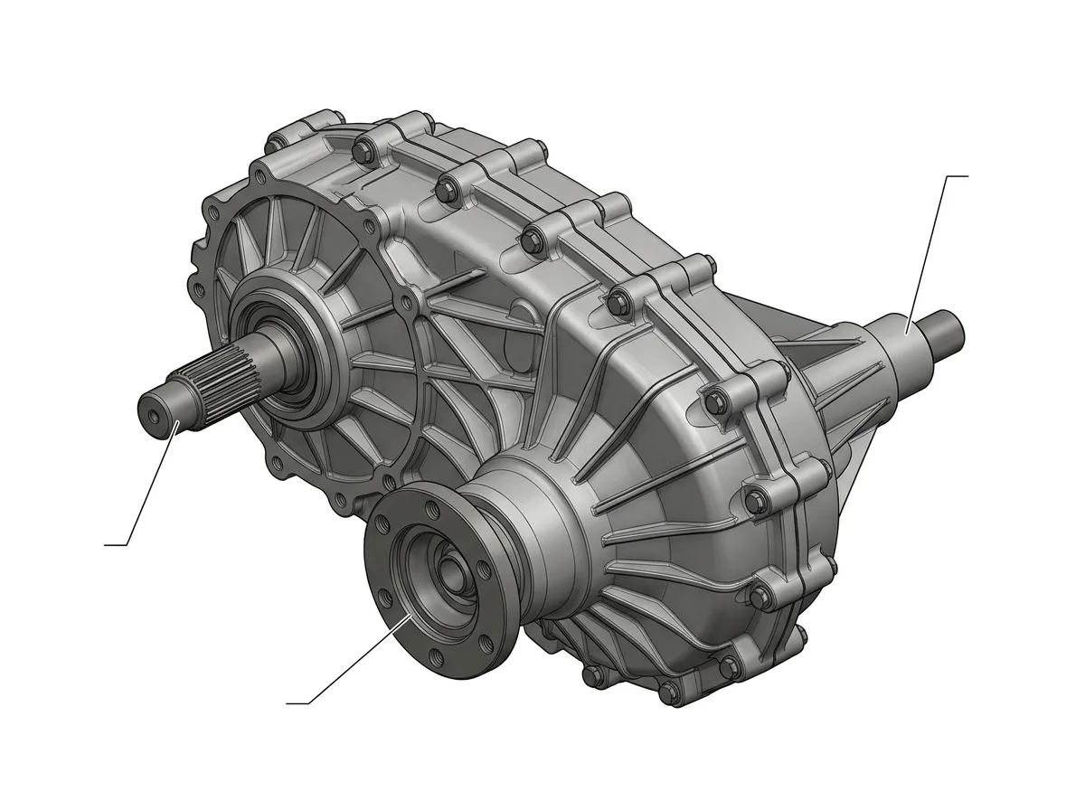 Technical diagram highlighting the input shaft, front output, and rear output housing on a Chevy transfer case for physical interchange compatibility.