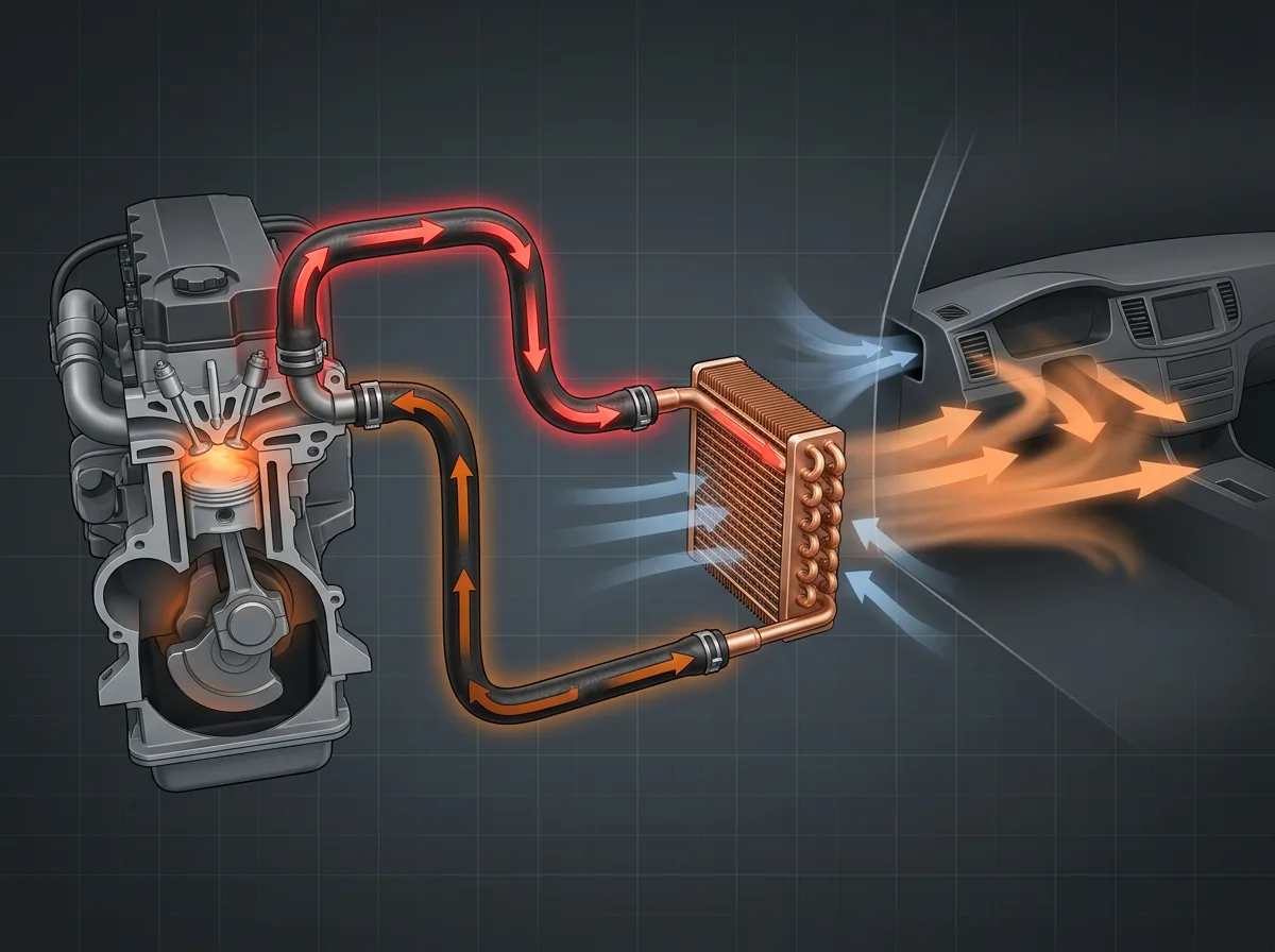 Silverado Heater Core Coolant Flow Diagram A 3D schematic diagram illustrating hot coolant flowing from an engine block through a heater core to warm the cabin air.
